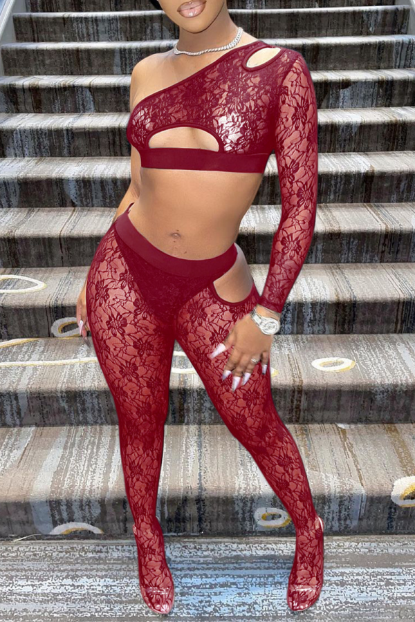 Burgundy Sexy Solid Hollowed Out One Shoulder Long Sleeve Two Pieces