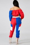 Red Polyester Elastic Fly Long Sleeve Mid Print Patchwork pencil Pants
