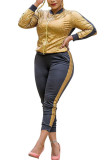 Gold Polyester Fashion Sexy adult Ma'am O Neck Patchwork Solid Two Piece Suits Stitching Plus Size