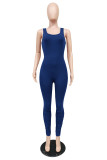 Color Blue Fashion Casual Solid Fold U Neck Skinny Jumpsuits