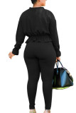 Black Fashion Casual Adult Twilled Satin Solid Patchwork O Neck Long Sleeve Regular Sleeve Regular Two Pieces