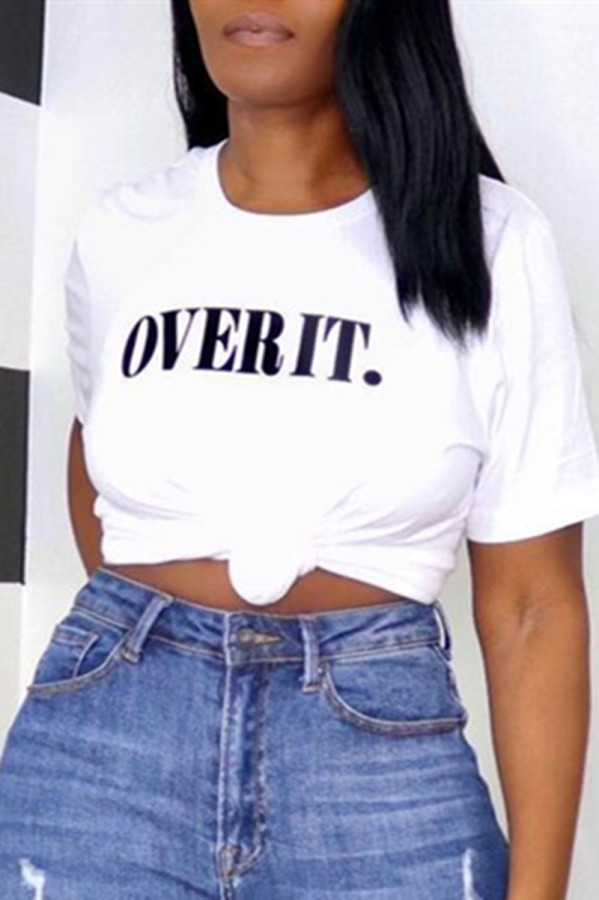 White Fashion Casual Letter Print Basic O Neck Tops