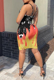 White Fashion Sexy Print Backless Spaghetti Strap Sleeveless Dress