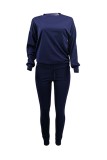 Tibetan Blue Fashion Casual Solid Basic O Neck Long Sleeve Two Pieces