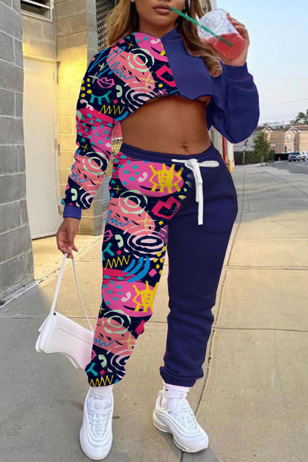Navy Blue Sexy Casual Print Patchwork Hooded Collar Long Sleeve Two Pieces