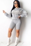 Grey Polyester Casual Solid pencil Long Sleeve Two-Piece Short Set