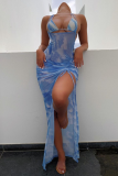 Sky Blue Sexy Print Patchwork Mesh Swimwears Three Pieces