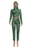Red Casual Leopard Patchwork Hooded Collar Long Sleeve Two Pieces
