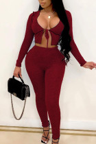 Wine Red Street Polyester Solid Hollowed Out See-through U Neck Long Sleeve Short Two Pieces