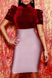 Wine Red Fashion Casual Solid Pearl Turtleneck Tops