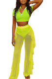 Fluorescent green Fashion Sexy adult Patchwork Solid Mesh Stringy selvedge Zippered Two Piece Suits HOLLOWED OUT Straight Short Sleeve Two Pieces
