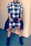 Black And White Street Plaid Patchwork Turndown Collar Irregular Dress Dresses