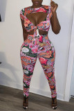 Pink Fashion Casual Print Hollowed Out O Neck Short Sleeve Two Pieces