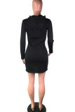 Black Polyester Street Cap Sleeve Long Sleeves Hooded Step Skirt Knee-Length Solid