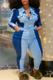 Blue Fashion Casual Patchwork Basic Turndown Collar Regular Jumpsuits