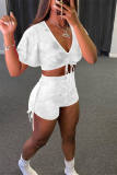 Pink Fashion Casual Solid Strap Design V Neck Short Sleeve Two Pieces