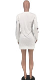 White Fashion Sexy Adult Print O Neck Long Sleeve Mini Printed Dress Dresses