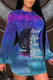 Blue Purple Sexy Casual Gradual Change Print Make Old Tie-dye O Neck Pencil Skirt Dresses