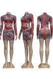 Red Celebrities Print O Neck Wrapped Skirt Dresses