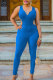 Blue Fashion Sexy Patchwork Backless Hollow Solid Sleeveless V Neck Jumpsuits