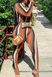 Orange Sexy Striped Print Turndown Collar Long Sleeve Two Pieces