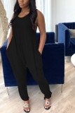 Blue Casual Pocket Solid Blend Sleeveless Jumpsuits