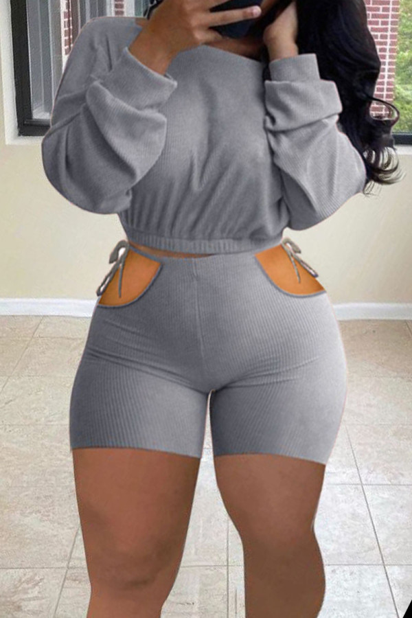 Grey Fashion Sexy Solid Hollowed Out Strap Design O Neck Long Sleeve Two Pieces