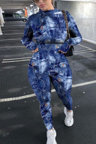 Blue Fashion Sportswear Adult Polyester Print Split Joint O Neck Skinny Jumpsuits