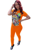 Orange Polyester Fashion Ma'am OL Patchwork Print Character Two Piece Suits pencil Short Sleeve Two Pieces