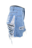 Light Blue Denim Button Fly Mid Pocket washing Old Zippered pencil shorts Bottoms