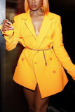 Golden Yellow Fashion Casual Solid Cardigan Turndown Collar Outerwear（With Waist Chain）