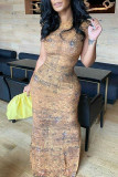 Khaki Fashion Sexy Print Basic O Neck Sleeveless Dress