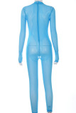 Blue Fashion Solid Patchwork O Neck Regular Jumpsuits