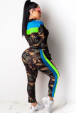 Fluorescent green Casual Patchwork Camouflage Print Two Piece Suits pencil Long Sleeve 