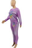 Purple Casual Print Letter O Neck Long Sleeve Two Pieces