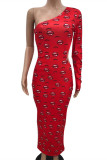 Red Fashion Sexy Lips Printed Hollowed Out Oblique Collar Long Sleeve Dresses
