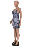 Grey Fashion Sexy Print Backless Spaghetti Strap Sleeveless Dress