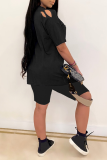 Red Casual Solid Patchwork O Neck Short Sleeve Two Pieces
