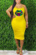 Yellow Fashion Sexy adult Ma'am Orange Yellow watermelon red Off The Shoulder Sleeveless Slip A-Line Knee-Length Print Character lip Dresses