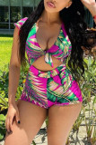Red Green Fashion Sexy Print Basic V Neck Short Sleeve Two Pieces