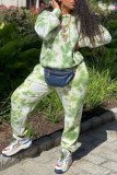 Green Casual Print Hooded Collar Long Sleeve Two Pieces