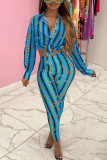 Blue Casual Print Turndown Collar Long Sleeve Two Pieces