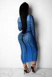 Blue Polyester Fashion Sexy Cap Sleeve Long Sleeves O neck Pencil Dress Ankle-Length Print Patchwork