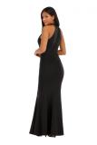 Black Polyester Fashion adult Sexy Off The Shoulder Sleeveless O neck A-Line Ankle-Length Solid Patchwork