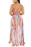 Blue Polyester Fashion Sexy adult Ma'am Off The Shoulder Sleeveless Wrapped chest Swagger Floor-Length Print Dresses