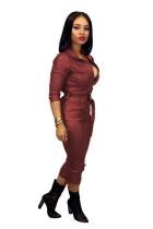 Wine Red Fashion Sexy bandage Solid PU Long Sleeve Turndown Collar Jumpsuits