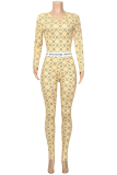 Yellow Casual Print Patchwork O Neck Skinny Jumpsuits
