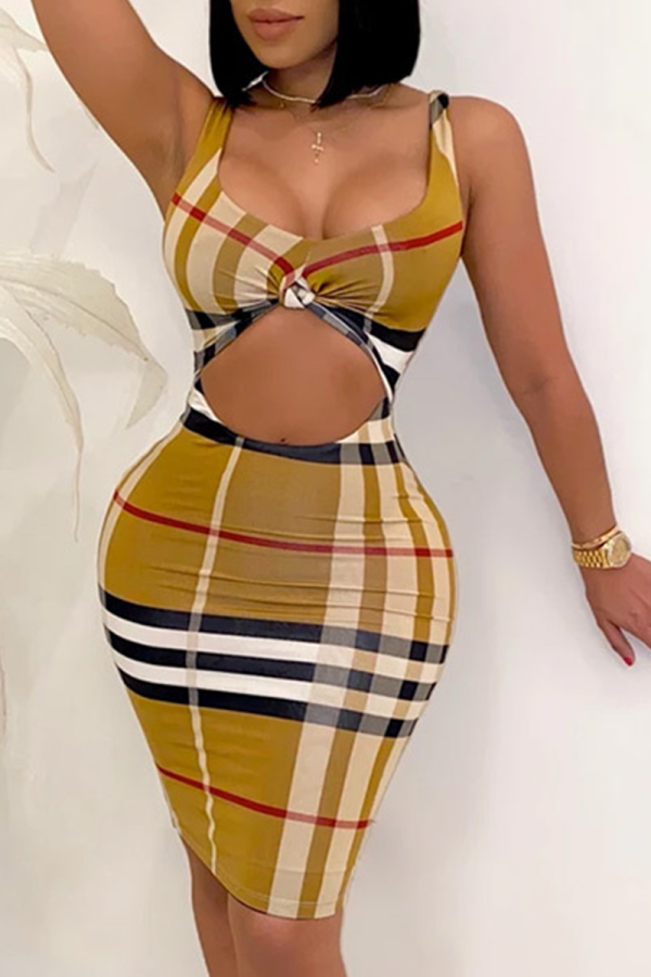 Yellow Sexy Plaid Hollowed Out Square Collar Pencil Skirt Dresses