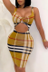 Yellow Sexy Plaid Hollowed Out Square Collar Pencil Skirt Dresses