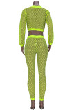 Fluorescent Green Solid Hollowed Out Off the Shoulder Long Sleeve Two Pieces